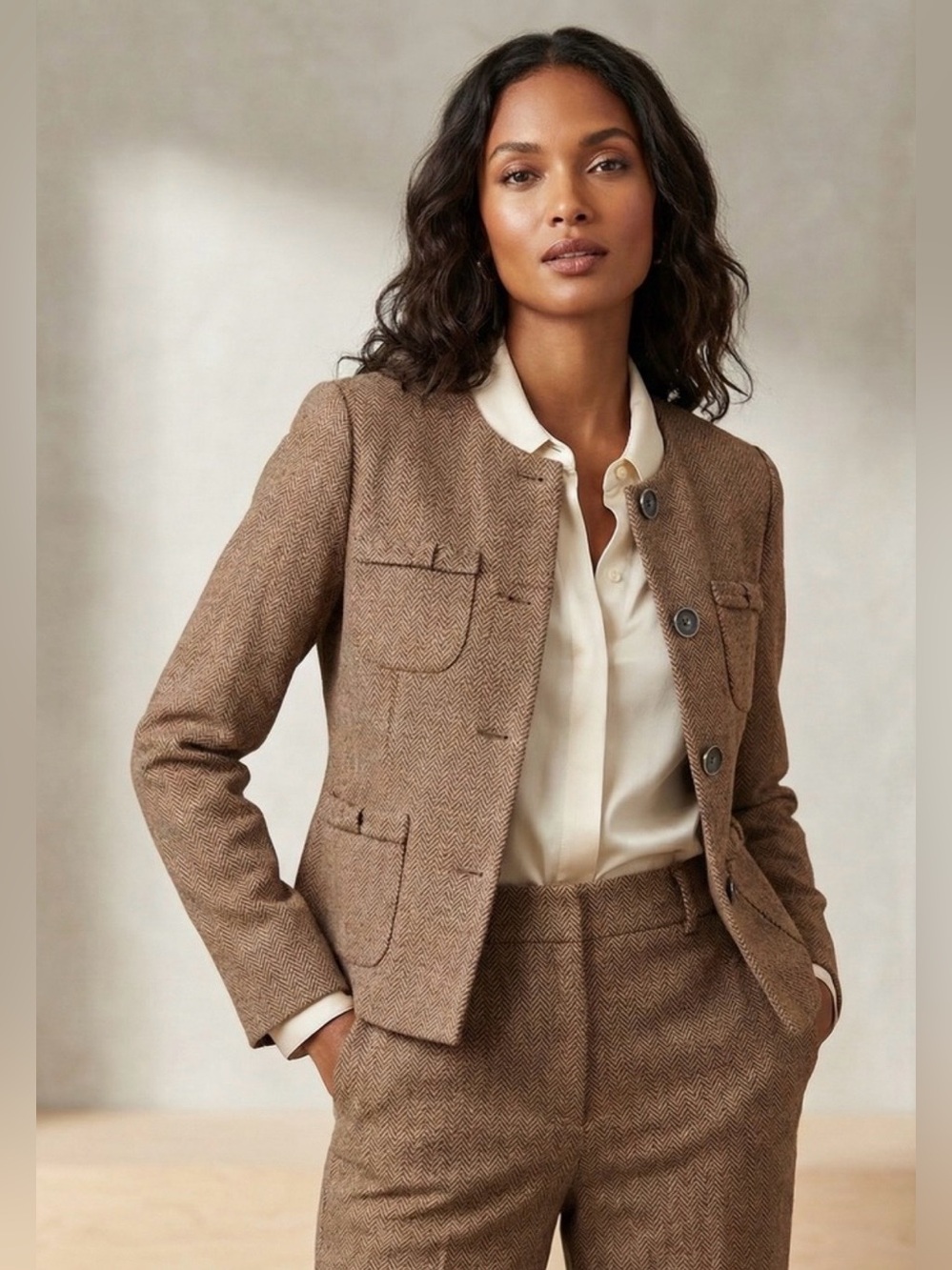 Cabi Dressy Blazer, Sz. XS, Brown Herringbone w/ Flecks, Round Neck